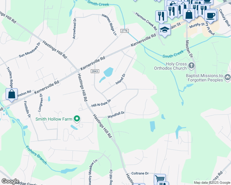 map of restaurants, bars, coffee shops, grocery stores, and more near 7019 Hill N Dale Drive in Kernersville