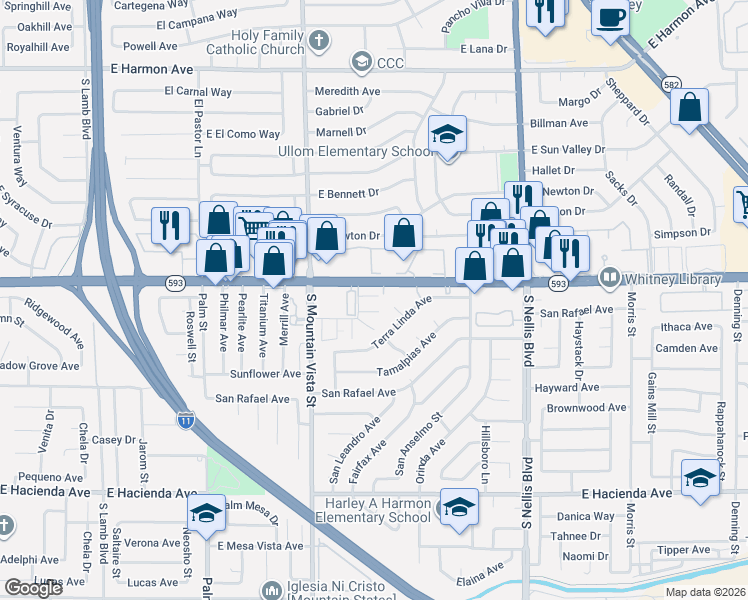 map of restaurants, bars, coffee shops, grocery stores, and more near 4940 Larkspur Street in Las Vegas