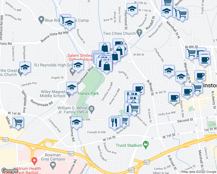 map of restaurants, bars, coffee shops, grocery stores, and more near 919 Carolina Avenue Northwest in Winston-Salem