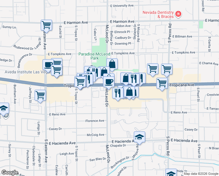 map of restaurants, bars, coffee shops, grocery stores, and more near 2977 Calle Del Valle in Las Vegas
