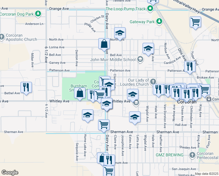 map of restaurants, bars, coffee shops, grocery stores, and more near 1016 Claire Avenue in Corcoran