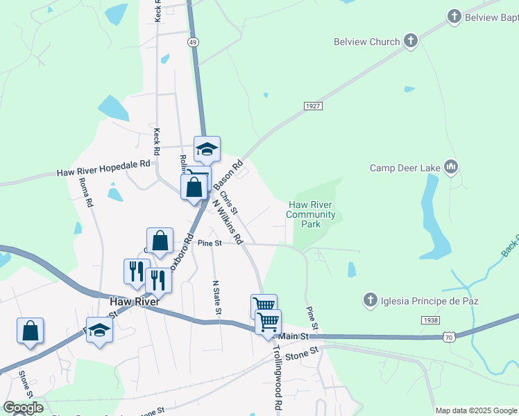 map of restaurants, bars, coffee shops, grocery stores, and more near 107 Elizabeth Lane in Mebane