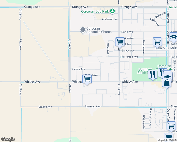 map of restaurants, bars, coffee shops, grocery stores, and more near 2725 Bethel Avenue in Corcoran