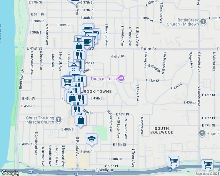 map of restaurants, bars, coffee shops, grocery stores, and more near 1509 East 44th Street in Tulsa