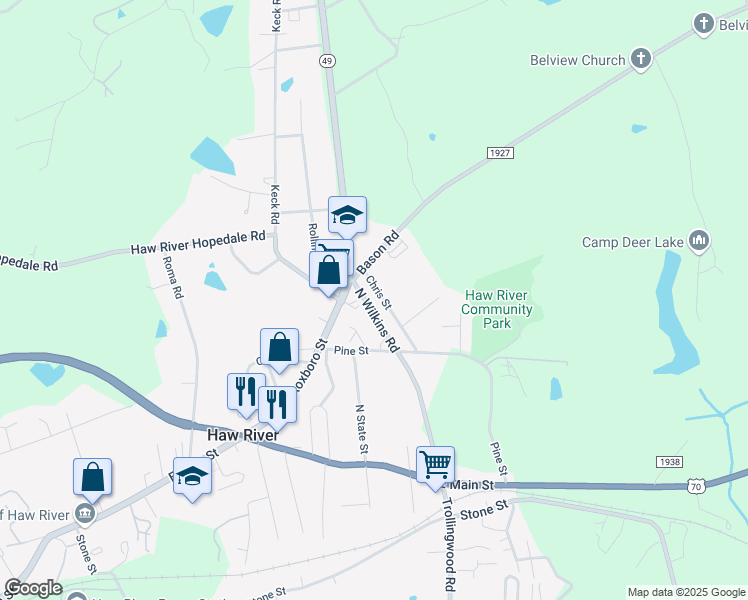 map of restaurants, bars, coffee shops, grocery stores, and more near 227 North Wilkins Road in Haw River