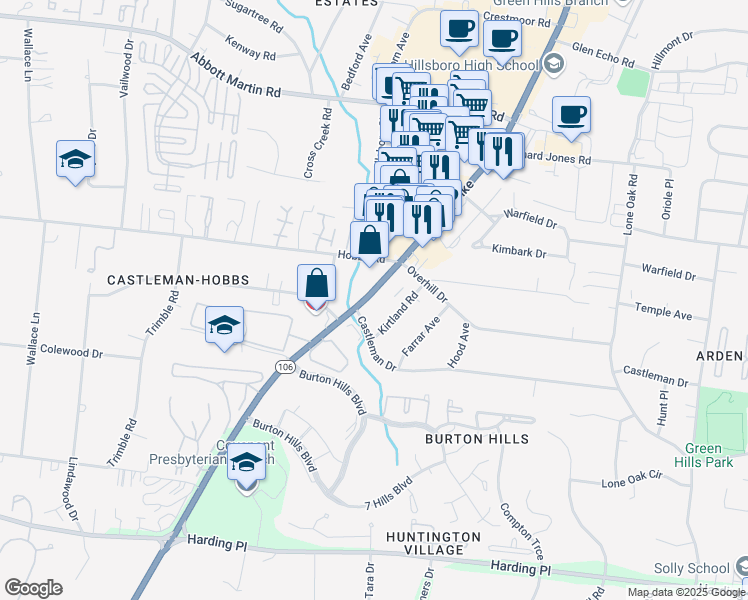 map of restaurants, bars, coffee shops, grocery stores, and more near 4210 Hillsboro Pike in Nashville