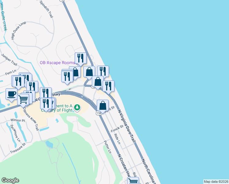 map of restaurants, bars, coffee shops, grocery stores, and more near 5203 North Va Dare Trail in Kitty Hawk
