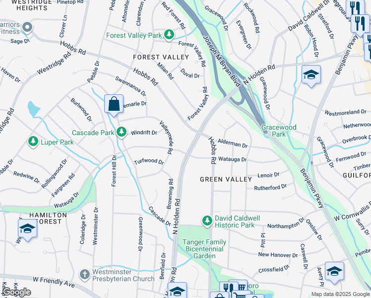 map of restaurants, bars, coffee shops, grocery stores, and more near 3200 Watauga Drive in Greensboro