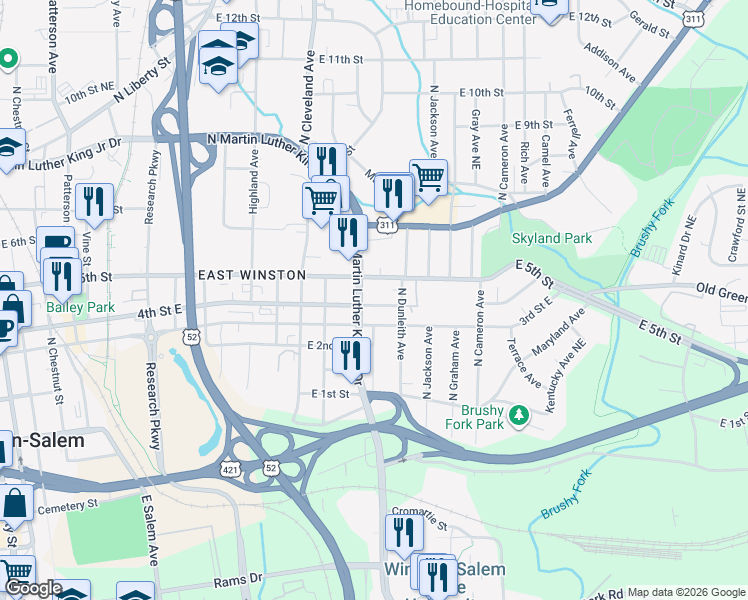 map of restaurants, bars, coffee shops, grocery stores, and more near 1431 East 3rd Street in Winston-Salem