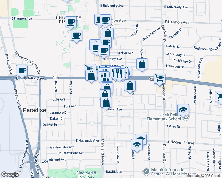 map of restaurants, bars, coffee shops, grocery stores, and more near 5000 South Maryland Parkway in Las Vegas