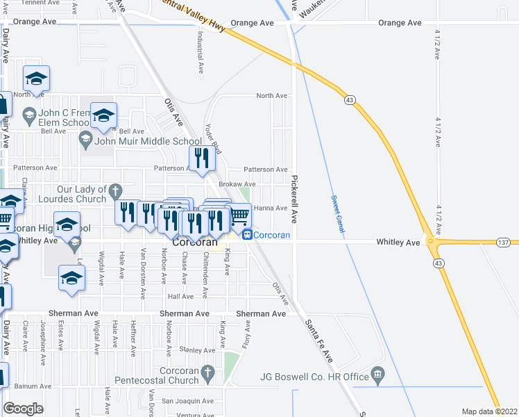 map of restaurants, bars, coffee shops, grocery stores, and more near 911 Hanna Avenue in Corcoran