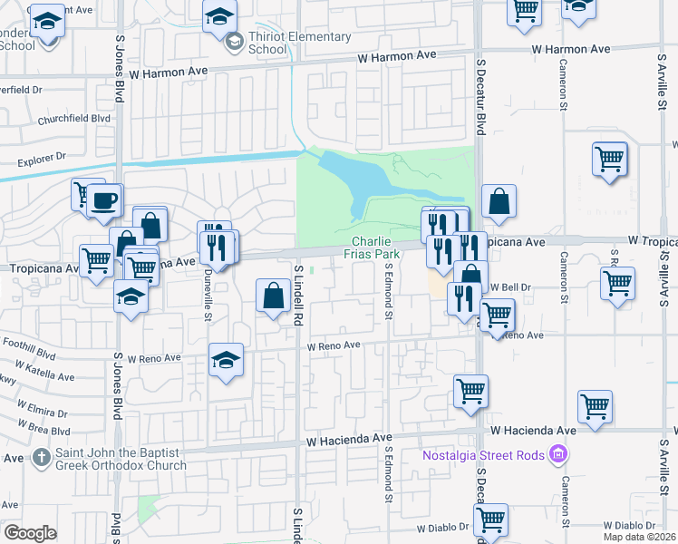 map of restaurants, bars, coffee shops, grocery stores, and more near 5419 West Tropicana Avenue in Las Vegas