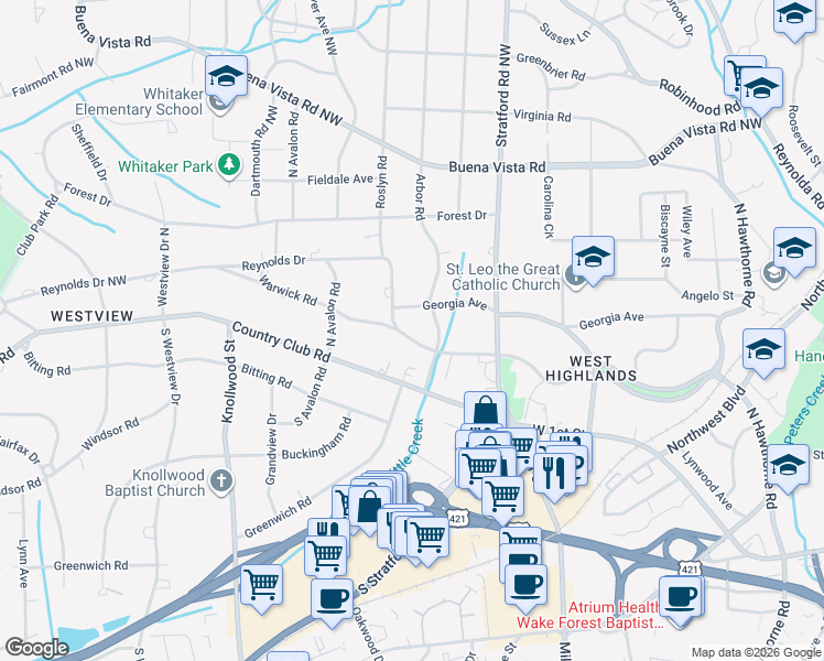 map of restaurants, bars, coffee shops, grocery stores, and more near 2316 Warwick Road in Winston-Salem