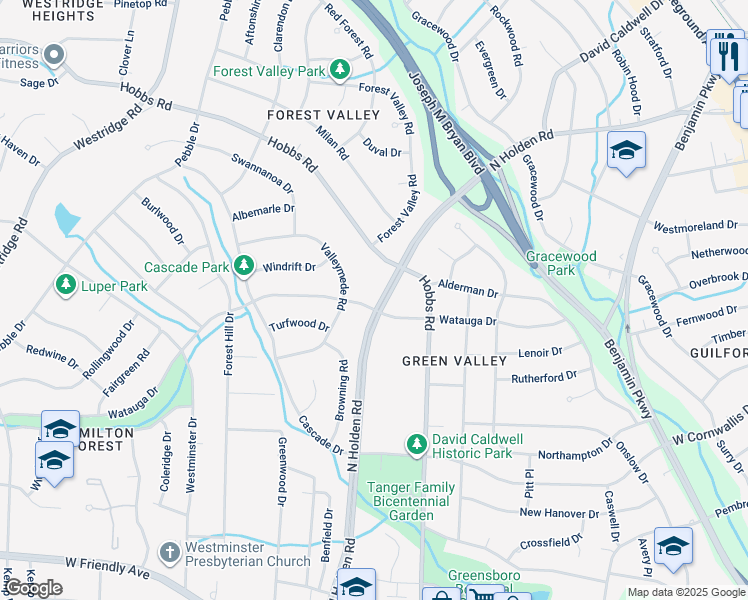 map of restaurants, bars, coffee shops, grocery stores, and more near 3200 Watauga Drive in Greensboro