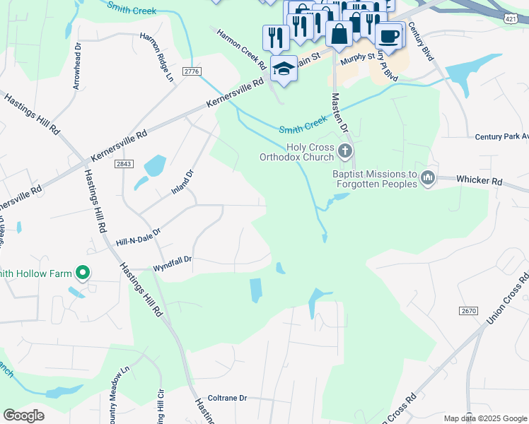 map of restaurants, bars, coffee shops, grocery stores, and more near 9002 Hill-N-Dale Drive in Kernersville