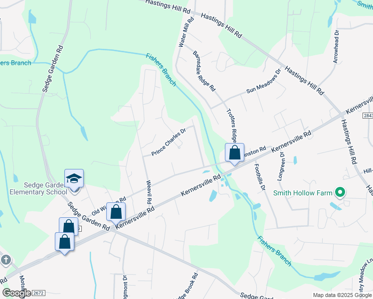 map of restaurants, bars, coffee shops, grocery stores, and more near 821 Prince Charles Court in Kernersville