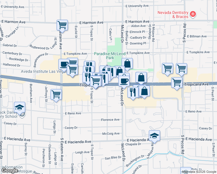 map of restaurants, bars, coffee shops, grocery stores, and more near 2818 Calle Del Oro in Las Vegas