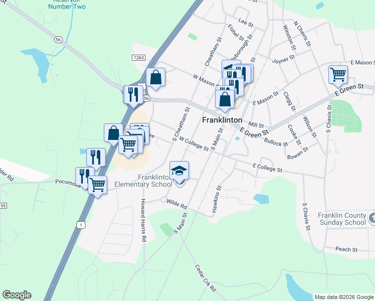 map of restaurants, bars, coffee shops, grocery stores, and more near 401 Mangum Way in Franklinton