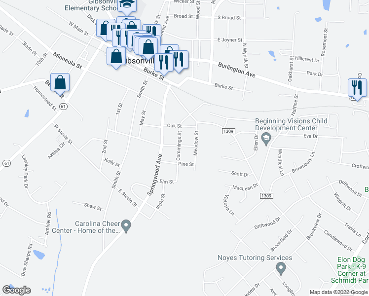 map of restaurants, bars, coffee shops, grocery stores, and more near 608 Meadow Street in Gibsonville
