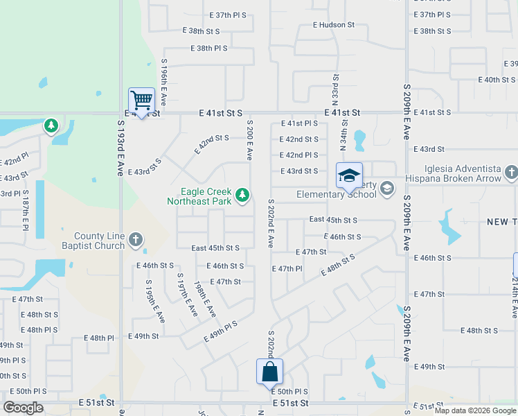 map of restaurants, bars, coffee shops, grocery stores, and more near 4524 South 202nd East Avenue in Broken Arrow