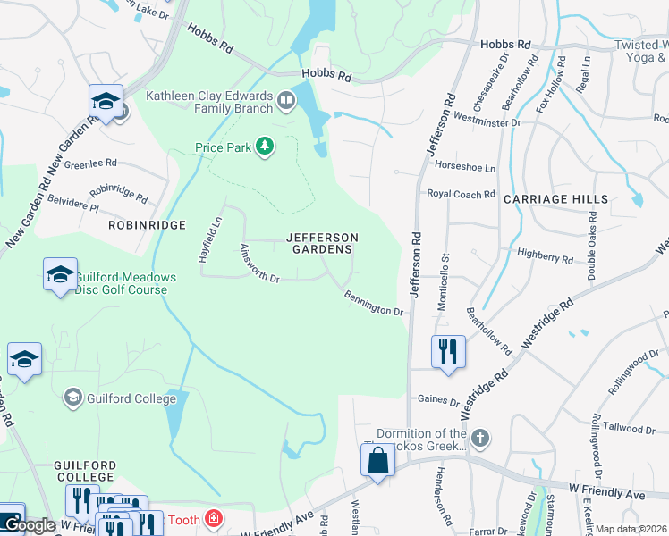 map of restaurants, bars, coffee shops, grocery stores, and more near 5106 Bennington Drive in Greensboro