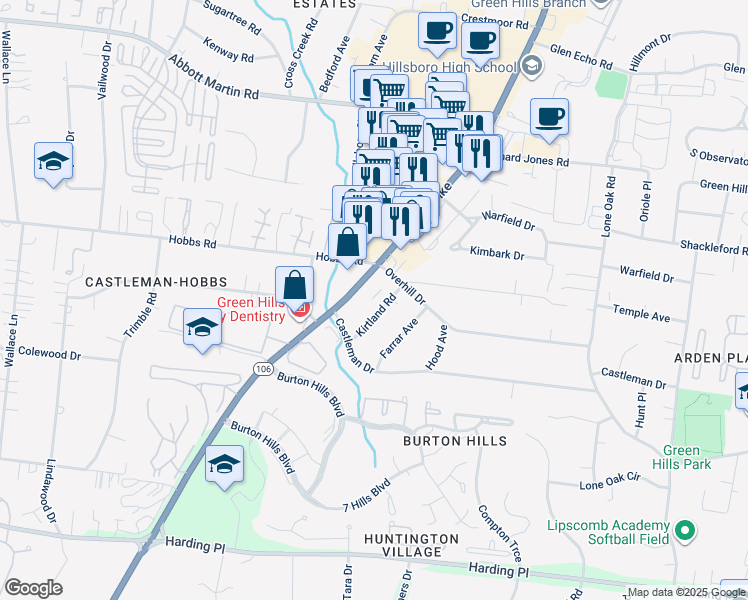 map of restaurants, bars, coffee shops, grocery stores, and more near 4208 Kirtland Road in Nashville