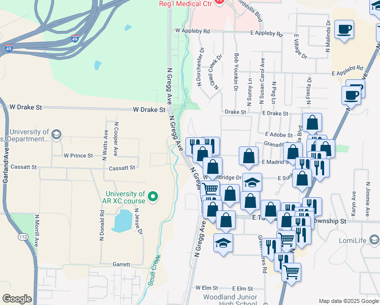map of restaurants, bars, coffee shops, grocery stores, and more near 2633 North Gregg Avenue in Fayetteville