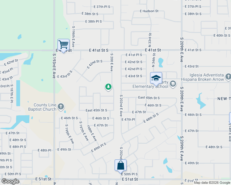 map of restaurants, bars, coffee shops, grocery stores, and more near 4524 South 202nd East Avenue in Broken Arrow