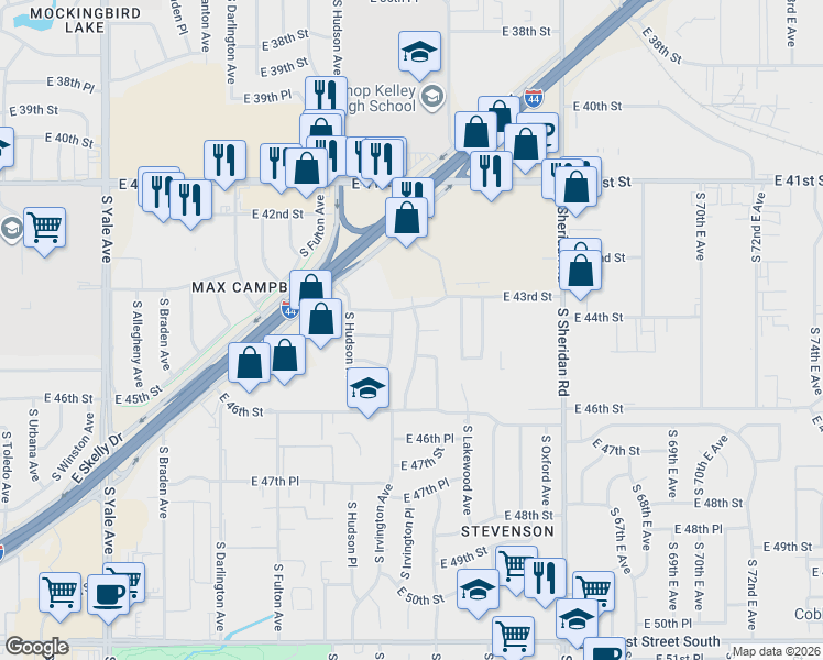 map of restaurants, bars, coffee shops, grocery stores, and more near 4417 South Joplin Avenue in Tulsa