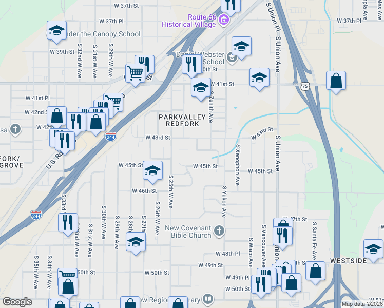 map of restaurants, bars, coffee shops, grocery stores, and more near 2403 West 45th Street in Tulsa