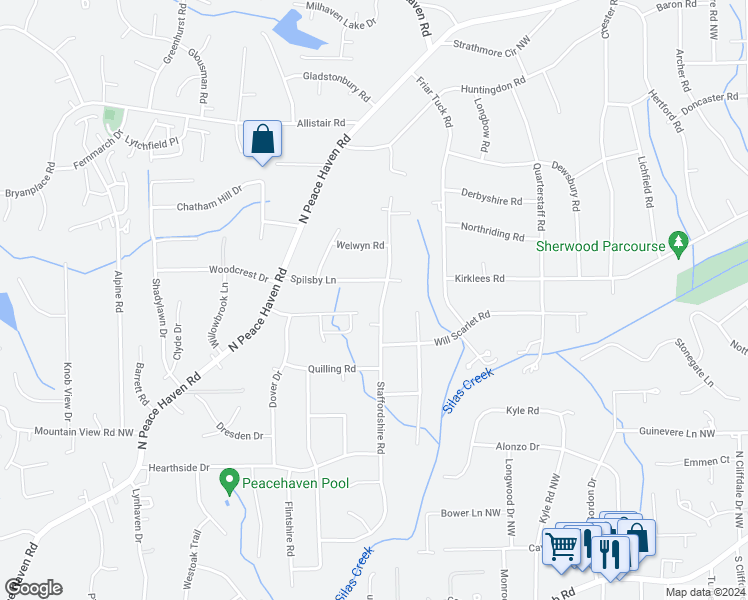 map of restaurants, bars, coffee shops, grocery stores, and more near 470 Staffordshire Road in Winston-Salem