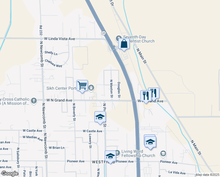 map of restaurants, bars, coffee shops, grocery stores, and more near 1877 North Maston Street in Porterville