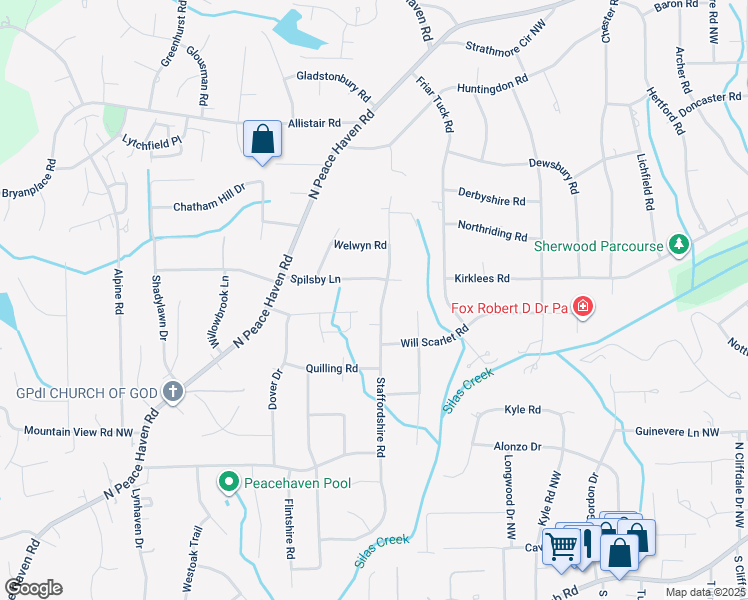 map of restaurants, bars, coffee shops, grocery stores, and more near 470 Staffordshire Road in Winston-Salem