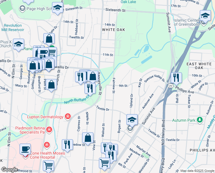map of restaurants, bars, coffee shops, grocery stores, and more near 1618 Walnut Street in Greensboro