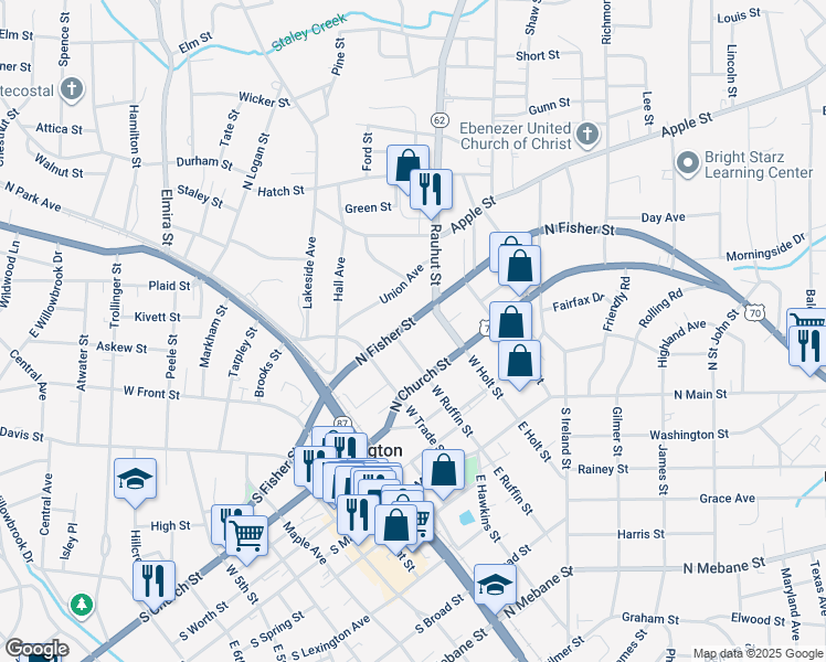 map of restaurants, bars, coffee shops, grocery stores, and more near 307 North Fisher Street in Burlington