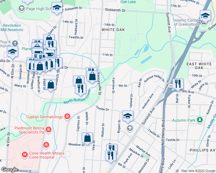 map of restaurants, bars, coffee shops, grocery stores, and more near 1618 Walnut Street in Greensboro