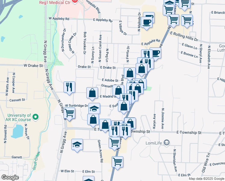 map of restaurants, bars, coffee shops, grocery stores, and more near 249 East Madrid Street in Fayetteville