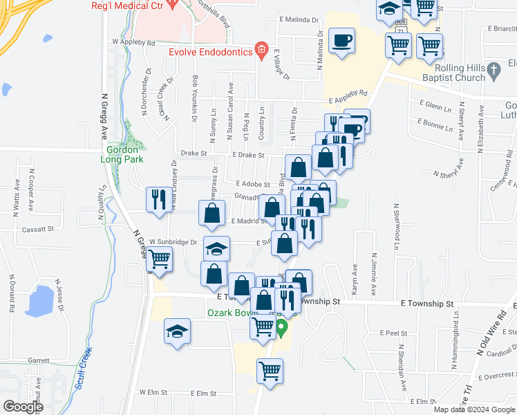 map of restaurants, bars, coffee shops, grocery stores, and more near 2656 North Sierra Avenue in Fayetteville