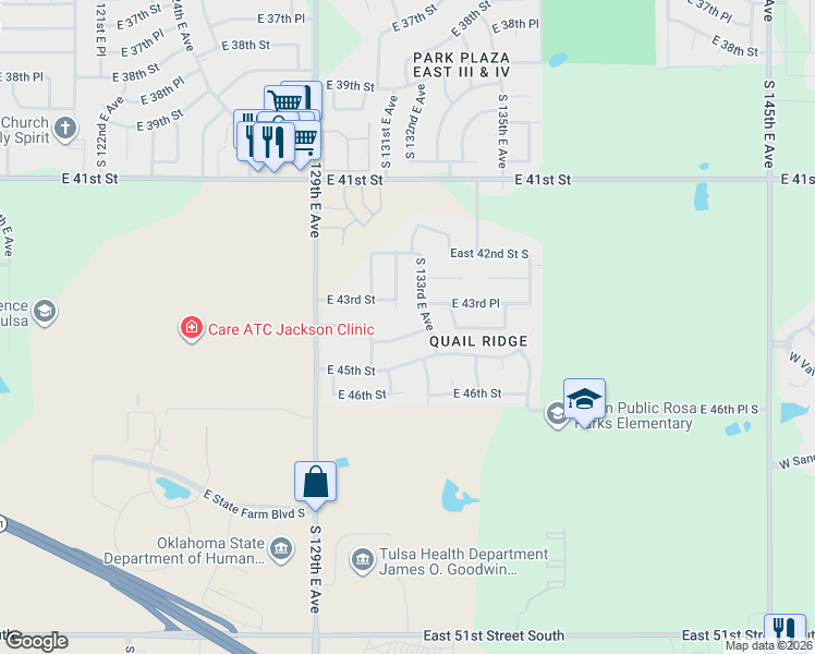 map of restaurants, bars, coffee shops, grocery stores, and more near 13233 East 45th Street in Tulsa