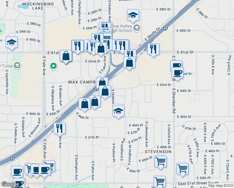 map of restaurants, bars, coffee shops, grocery stores, and more near 5709 East 44th Street in Tulsa