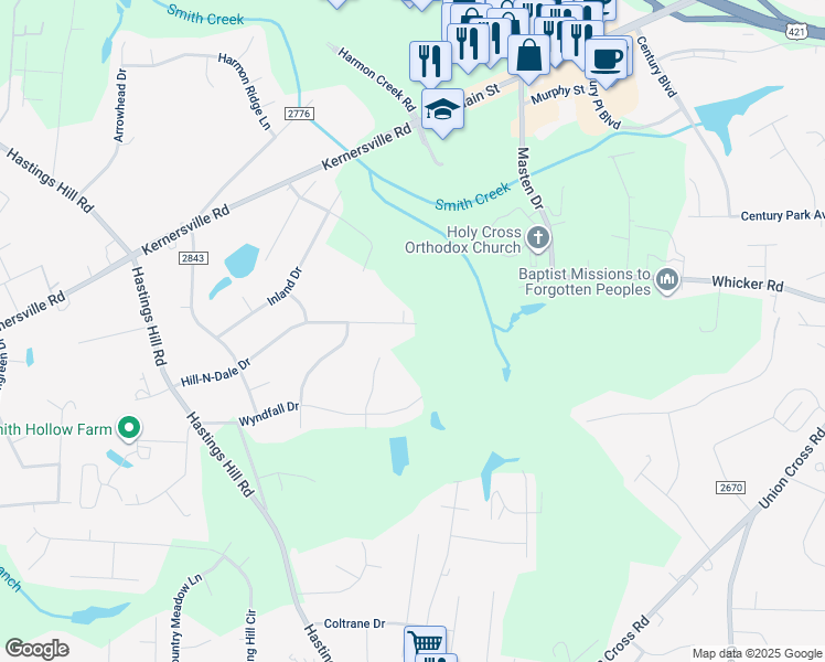 map of restaurants, bars, coffee shops, grocery stores, and more near 9002 Hill-N-Dale Drive in Kernersville