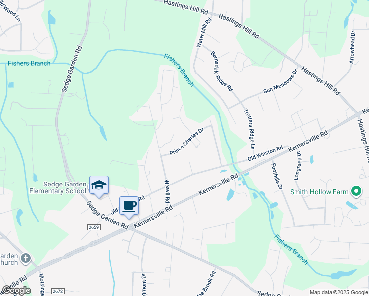 map of restaurants, bars, coffee shops, grocery stores, and more near 5240 Prince Charles Drive in Kernersville