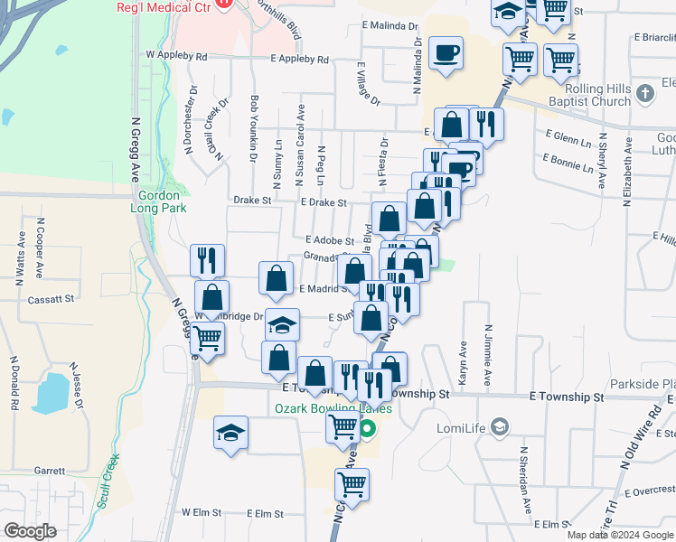 map of restaurants, bars, coffee shops, grocery stores, and more near 2656 South Sierra Avenue in Fayetteville