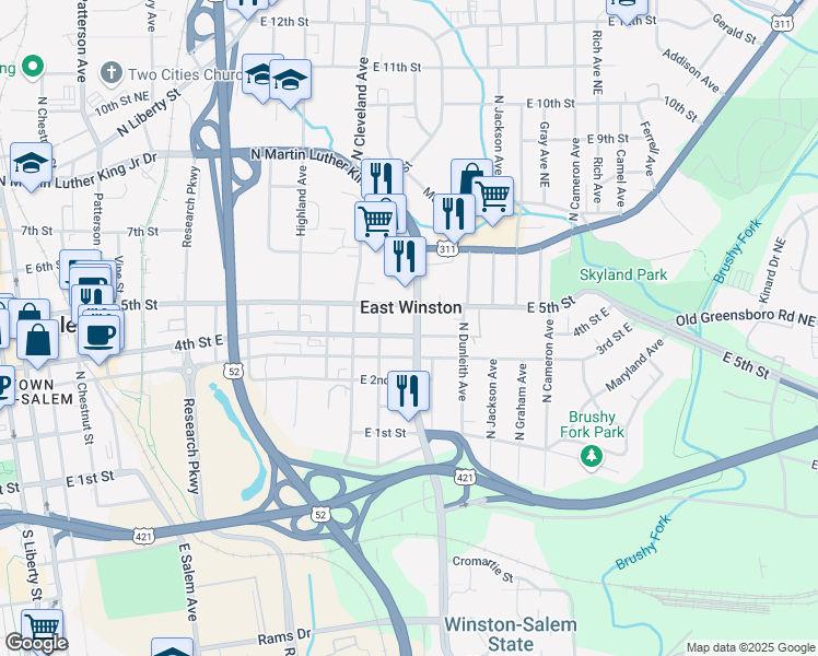 map of restaurants, bars, coffee shops, grocery stores, and more near 1331 East 4th Street in Winston-Salem