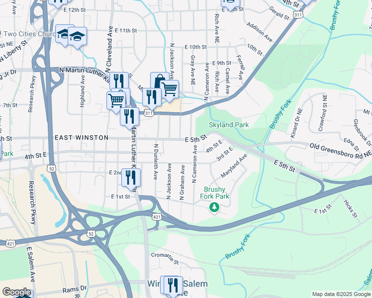 map of restaurants, bars, coffee shops, grocery stores, and more near 1635 East 5th Street in Winston-Salem