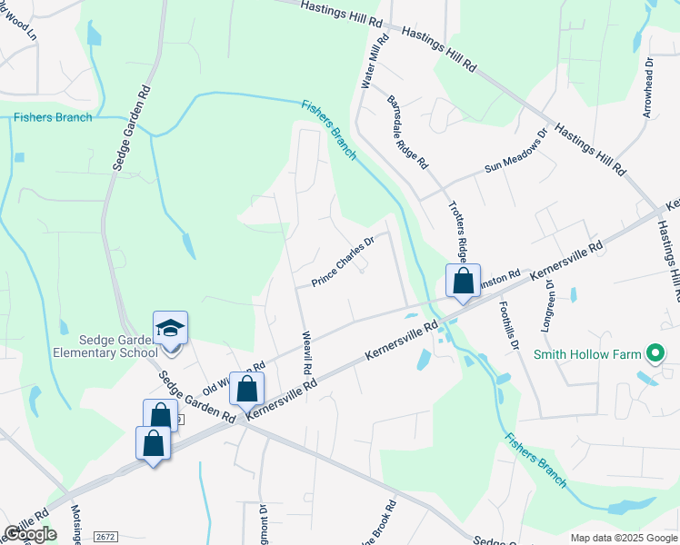 map of restaurants, bars, coffee shops, grocery stores, and more near 5240 Prince Charles Drive in Kernersville