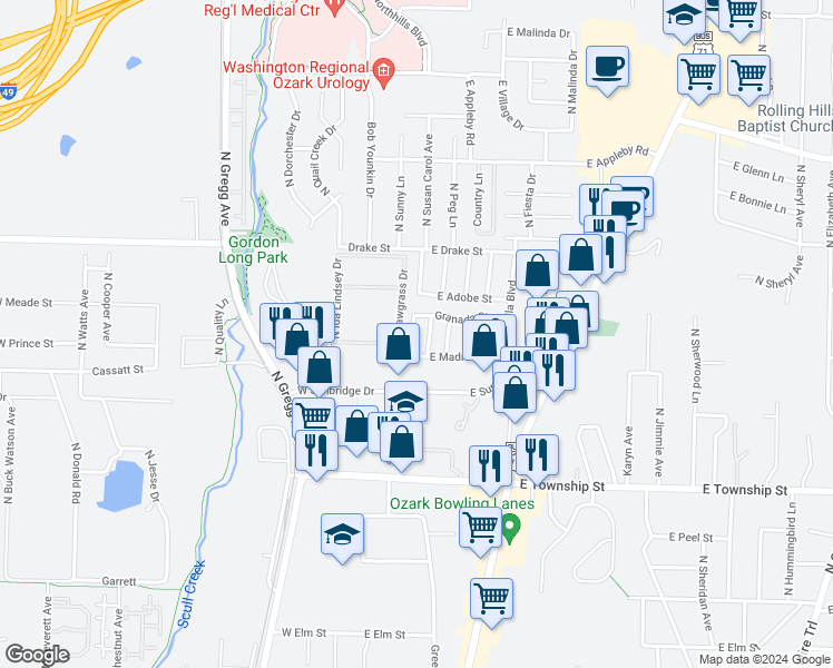 map of restaurants, bars, coffee shops, grocery stores, and more near 2652 North Valencia Avenue in Fayetteville