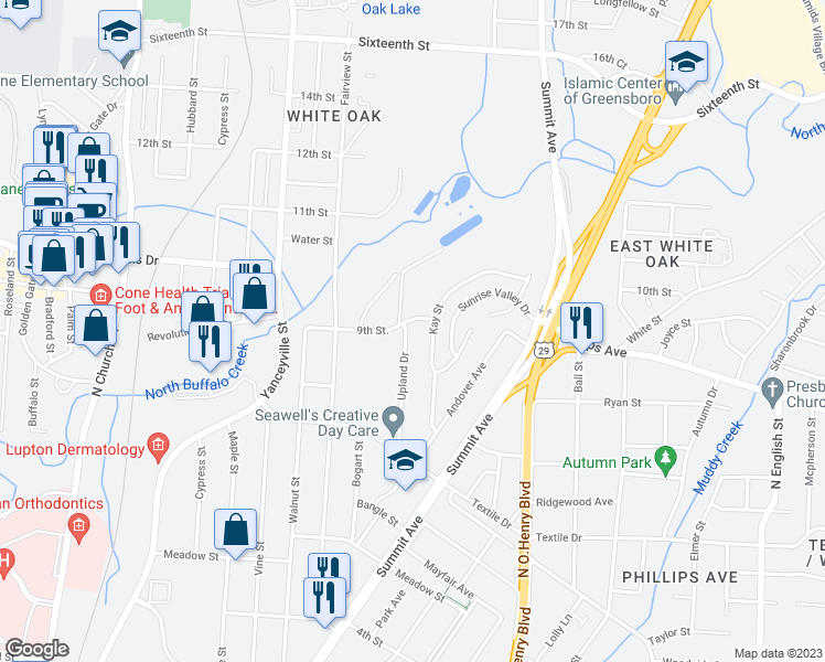 map of restaurants, bars, coffee shops, grocery stores, and more near 1620 Upland Drive in Greensboro