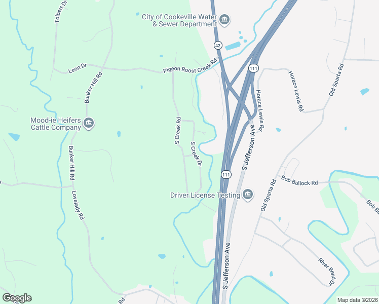 map of restaurants, bars, coffee shops, grocery stores, and more near 4450 South Creek Drive in Cookeville