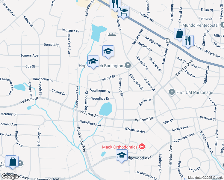map of restaurants, bars, coffee shops, grocery stores, and more near 1505 Edith St in Burlington